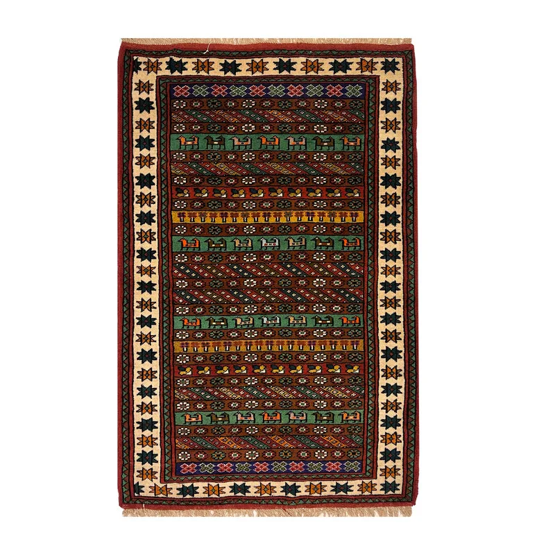 فرش دستبافت کناره دو نیم متری طرح ترکمن زمینه قرمز کد NKP.RJ15